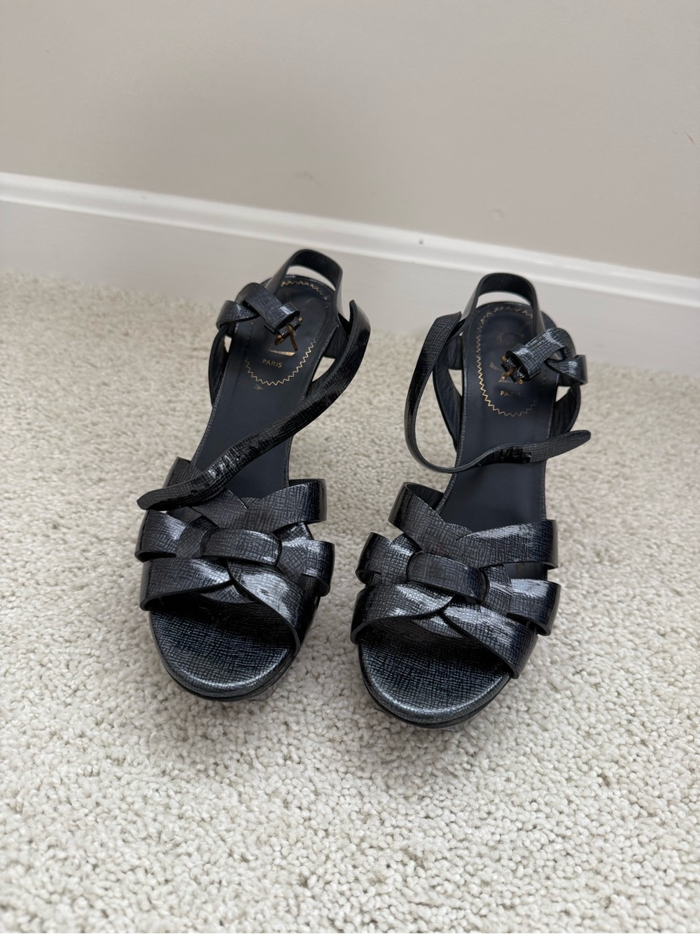 Saint Laurent Tribute Black Textured Leather Sandal Heels Size 36.5